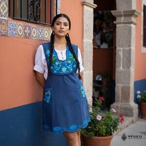 Blue  Mexican Embroidered Apron – Standard Kitchen Apron Floral Embroidery